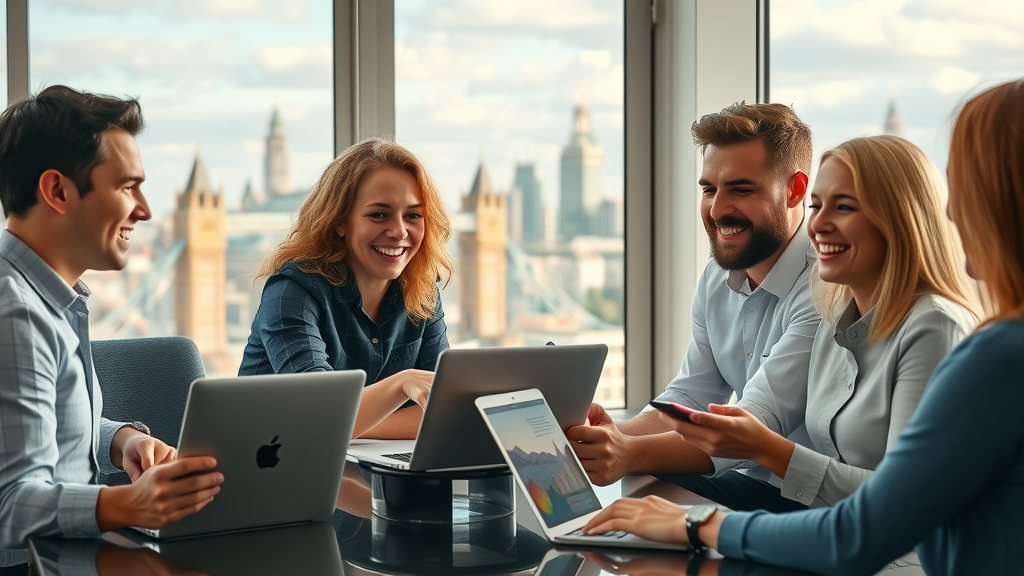 London UK business team using AI marketing tools with skyline in the background