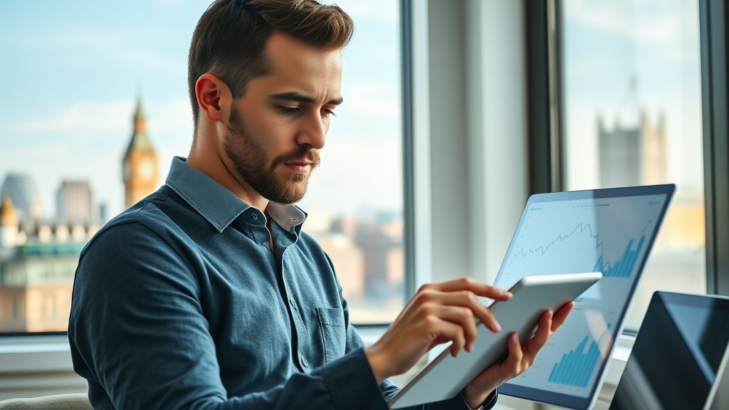 Professional marketer examining analytics dashboard during digital footprint analysis; London skyline, charts and graphs displayed