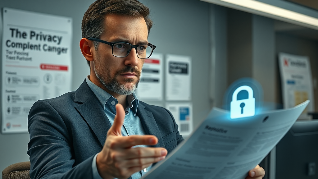 SMB owner reviewing AI marketing tool data privacy compliance in UK office