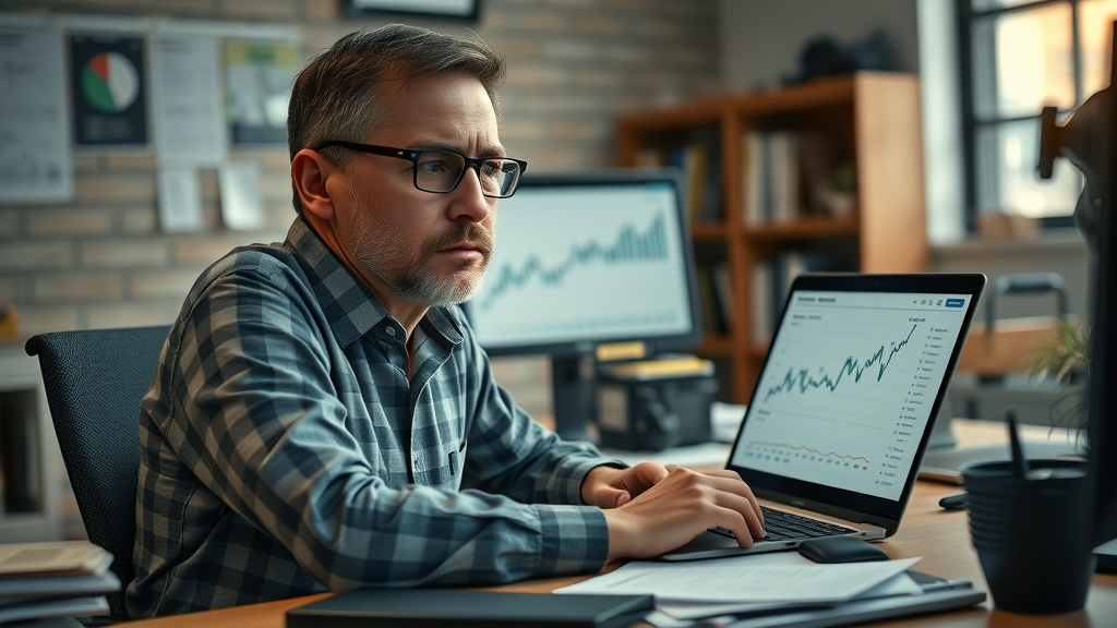 business owner looking frustrated while reviewing online analytics, real office setting, cinematic, desk cluttered with tech devices and paperwork, highly detailed