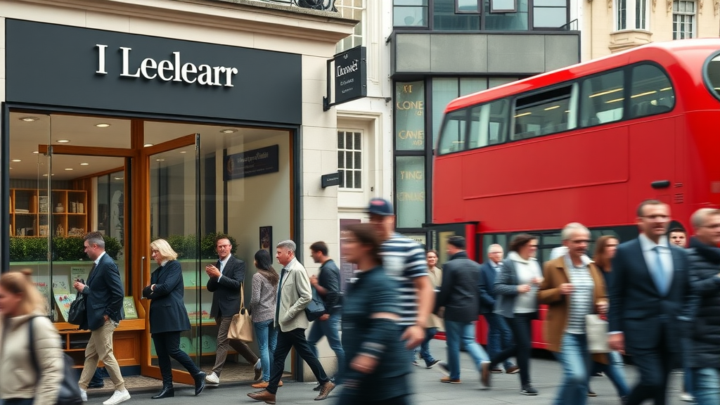 Comparison of two shopfronts in central London: busy with customers vs. empty—digital footprint analysis impact visual, high street, red double-decker bus