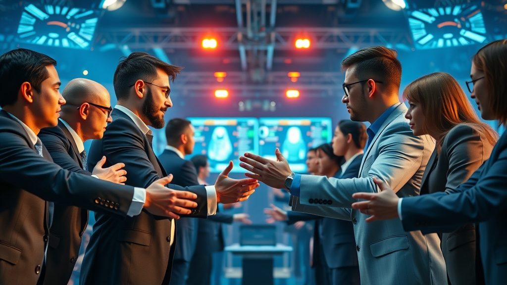 two groups of business people representing small local business and large corporate, facing off in a digital arena, contrasting blue and orange lighting, cinematic, highly detailed