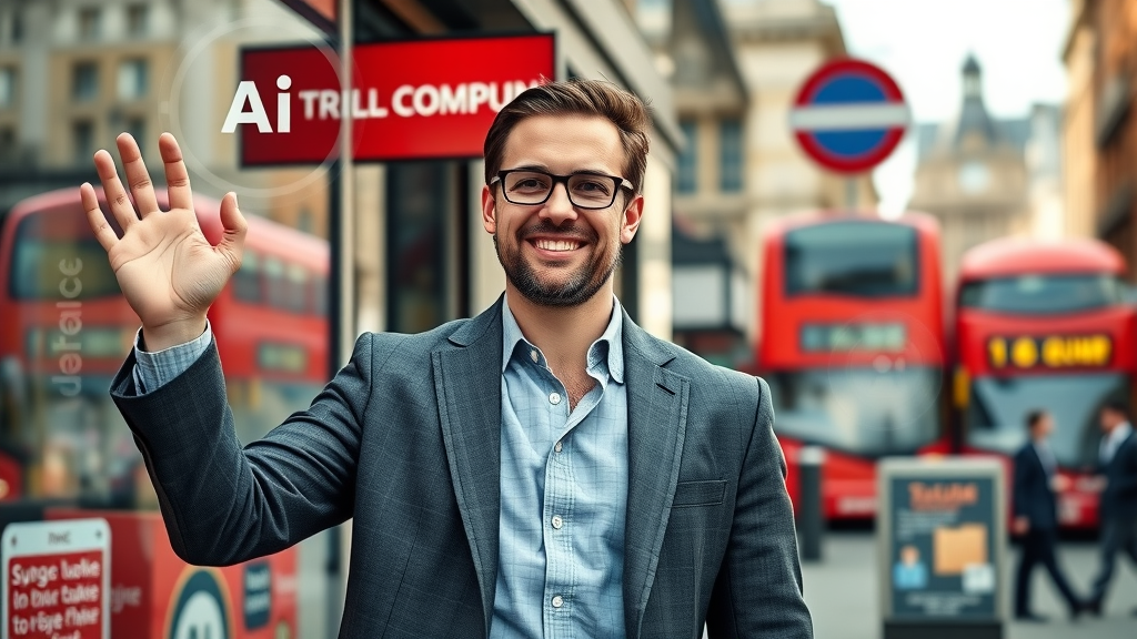 triumphant London business owner standing outside shop with digital overlay icons representing AI and growth, confident, vibrant urban background with red buses and iconic architecture, photorealistic, bright morning light