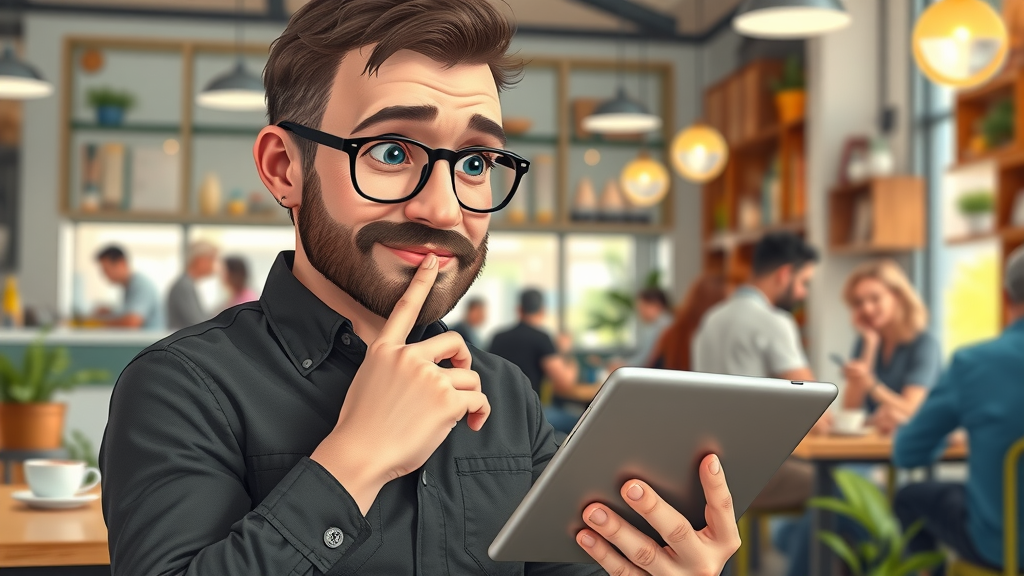 Business owner researching Google AI trust for business visibility in search on tablet.