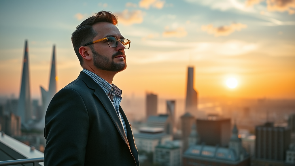 Inspirational London business owner overlooking sunrise cityscape — digital footprint analysis vision, Shard and Gherkin visible