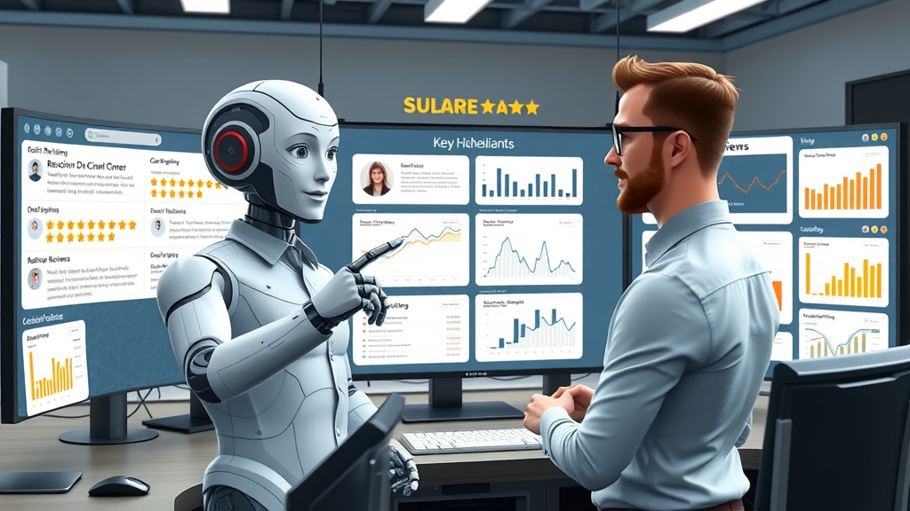 Energetic digital summary board showing key highlights from online reviews, ai figure explains impact of google reviews and ai to business owner.