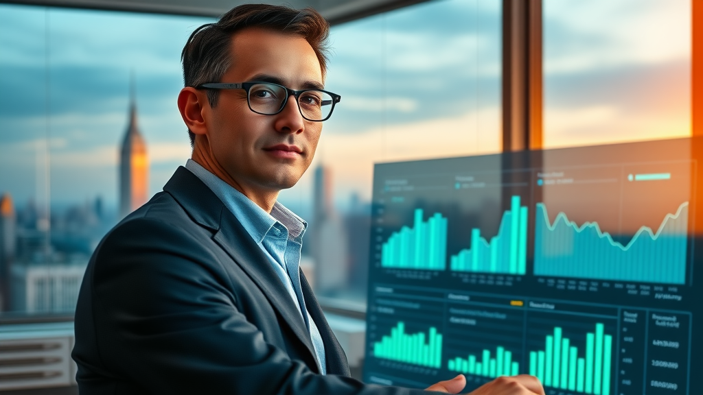 Business professional surveying digital analytics dashboard with rising google reviews and ai trend graphs, hopeful outlook.