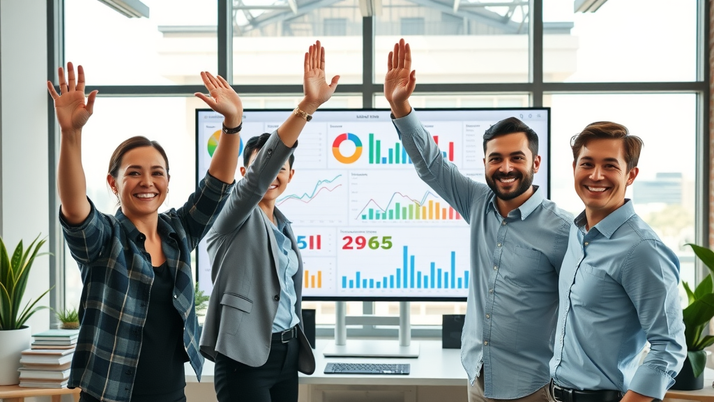 Triumphant small business team celebrating online visibility, SEO dashboard, happy natural expressions, photorealistic, London office full of light, natural high-five.