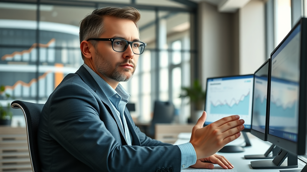 impactful business professional analysing SEO statistics in a modern office, demonstrating the benefits of SEO content writing tips for small businesses