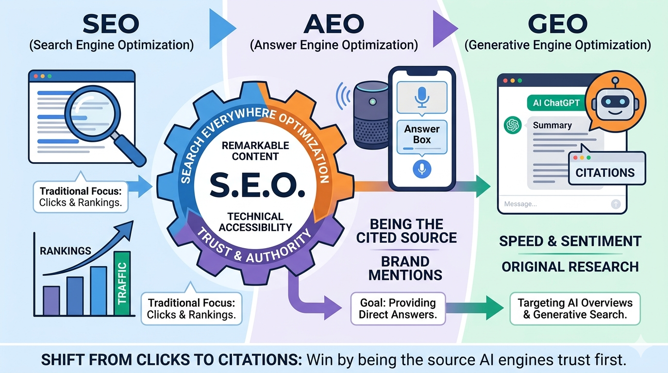 AEO vs GEO vs SEO - Differences, overlaps, and what actually works in modern search